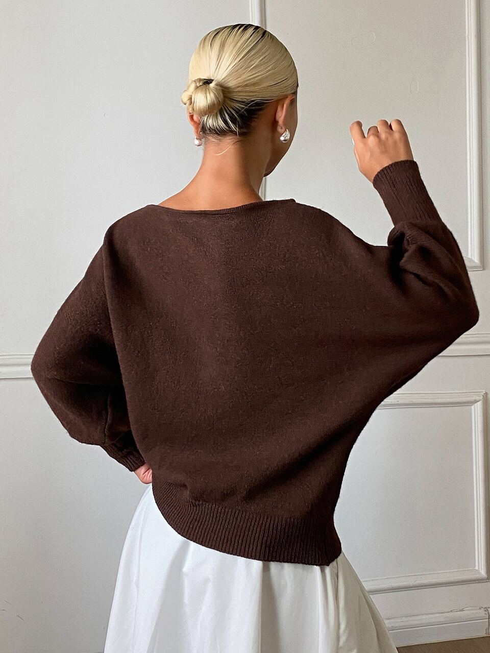 Solid Color Fitted Boat Neck 5-Sleeve Casual Elegant Autumn/Winter Women's Knit Top