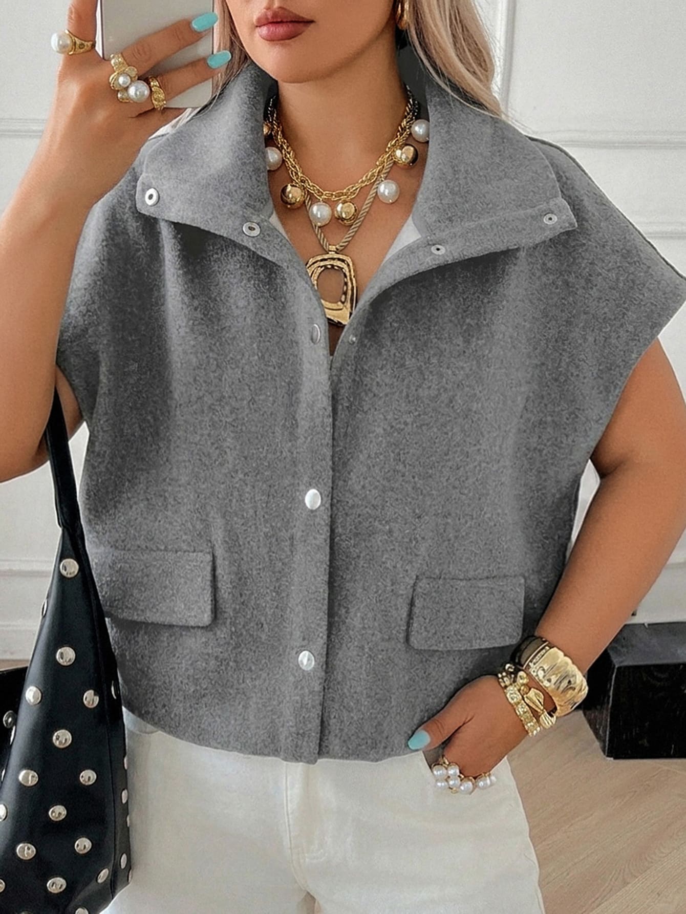 Dazy Plus Autumn Sleeveless Casual Layering High Neck Loose Wool Jacket - Grey - View 1