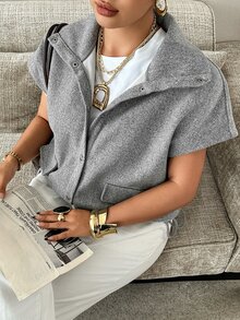 Dazy Plus Autumn Sleeveless Casual Layering High Neck Loose Wool Jacket - Grey - View 7