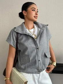Dazy Plus Autumn Sleeveless Casual Layering High Neck Loose Wool Jacket - Grey - View 5