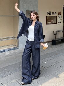 DAZY Women's Single-Breasted Long Sleeve Top And Pants Casual Everyday Denim Set Fall - Blue - View 9