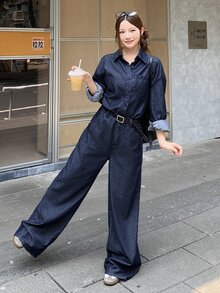 DAZY Women's Single-Breasted Long Sleeve Top And Pants Casual Everyday Denim Set Fall - Blue - View 6
