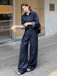 DAZY Women's Single-Breasted Long Sleeve Top And Pants Casual Everyday Denim Set Fall - Blue - View 5