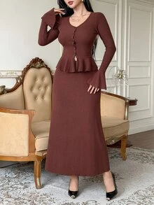 DAZY Women's Elegant Commute Solid Color Bell Sleeve Top And Skirt 2 Pieces Set Fall - Burgundy - View 4