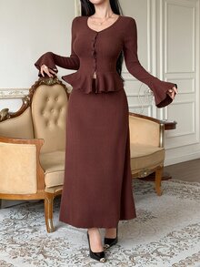 DAZY Women's Elegant Commute Solid Color Bell Sleeve Top And Skirt 2 Pieces Set Fall - Burgundy - View 5