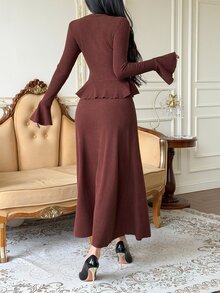 DAZY Women's Elegant Commute Solid Color Bell Sleeve Top And Skirt 2 Pieces Set Fall - Burgundy - View 2