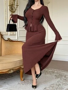 DAZY Women's Elegant Commute Solid Color Bell Sleeve Top And Skirt 2 Pieces Set Fall - Burgundy - View 1