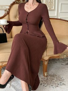 DAZY Women's Elegant Commute Solid Color Bell Sleeve Top And Skirt 2 Pieces Set Fall - Burgundy - View 3