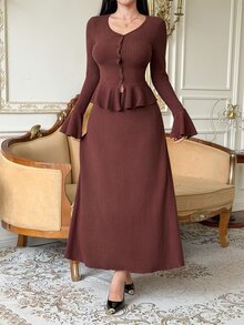 DAZY Women's Elegant Commute Solid Color Bell Sleeve Top And Skirt 2 Pieces Set Fall - Burgundy - View 7