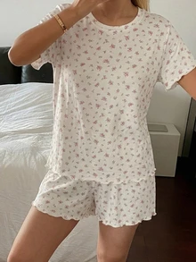 DAZY 2件組甜美花卉寬鬆短袖T恤與寬鬆直筒長款睡褲套裝，女款夏季睡衣 - 米色 - 查看 3