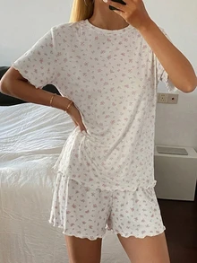 DAZY 2件組甜美花卉寬鬆短袖T恤與寬鬆直筒長款睡褲套裝，女款夏季睡衣 - 米色 - 查看 4
