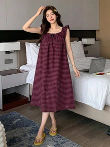 DAZY 甜美對比色蝴蝶結裝飾 A 字版型無袖荷葉邊飾女款睡裙 秋季 - 紅色 - 查看 3