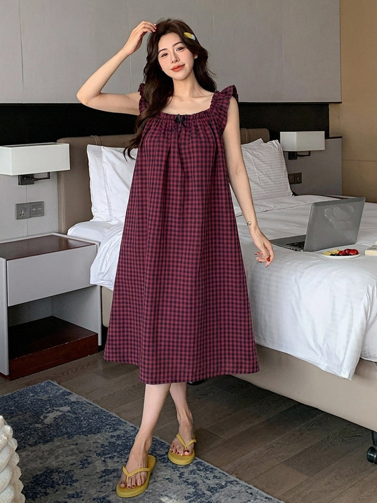 DAZY Sweet Contrast Color Bow Decor A-Line Sleeveless Ruffle Trim Women's Nightgown Fall - Red - View 3