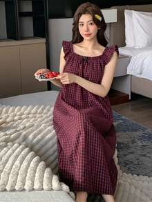 DAZY 甜美對比色蝴蝶結裝飾 A 字版型無袖荷葉邊飾女款睡裙 秋季 - 紅色 - 查看 5