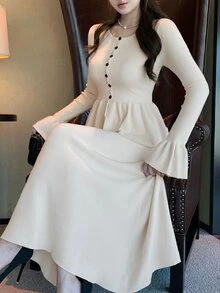 DAZY Women's Solid Color Single-Breasted Bell Sleeve Knit Cardigan And Knit Skirt Elegant Set Fall - Beige - View 3
