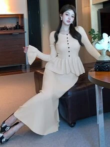 DAZY Women's Solid Color Single-Breasted Bell Sleeve Knit Cardigan And Knit Skirt Elegant Set Fall - Beige - View 6