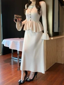 DAZY Women's Solid Color Single-Breasted Bell Sleeve Knit Cardigan And Knit Skirt Elegant Set Fall - Beige - View 5