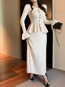 DAZY Women's Solid Color Single-Breasted Bell Sleeve Knit Cardigan And Knit Skirt Elegant Set Fall - Beige - View 7