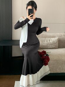 DAZY Gaun Panjang Elegan Wanita dengan Hiasan Pita, Lengan Panjang, dan Hem Berumbai - Hitam - View 8