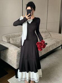 DAZY Gaun Panjang Elegan Wanita dengan Hiasan Pita, Lengan Panjang, dan Hem Berumbai - Hitam - View 4