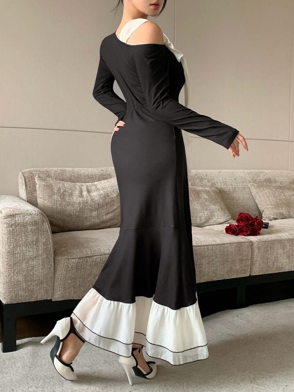 Women's Elegant Long Dress With Bow Decoration, Long Sleeves And Ruffle Hem Fall