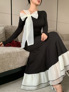 DAZY Gaun Panjang Elegan Wanita dengan Hiasan Pita, Lengan Panjang, dan Hem Berumbai - Hitam - View 7