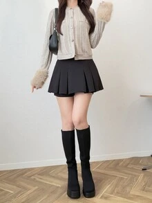 FRIFUL Women's Solid Color Long Sleeve Single-Breasted Ribbed Patchwork Fur Trim Slim Fit T-Shirt Brunch Office Date Light Wash Autumn Elegant - Apricot - View 6