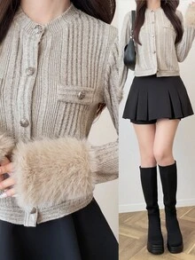 FRIFUL Women's Solid Color Long Sleeve Single-Breasted Ribbed Patchwork Fur Trim Slim Fit T-Shirt Brunch Office Date Light Wash Autumn Elegant - Apricot - View 1