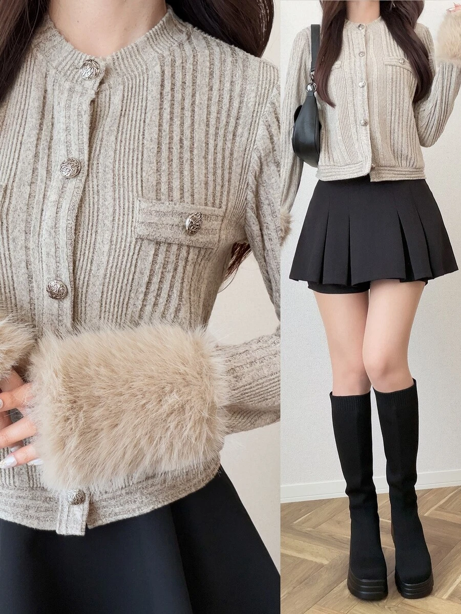 FRIFUL Women's Solid Color Long Sleeve Single-Breasted Ribbed Patchwork Fur Trim Slim Fit T-Shirt Brunch Office Date Light Wash Autumn Elegant - Apricot - View 1