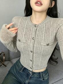 FRIFUL Women's Solid Color Long Sleeve Single-Breasted Ribbed Patchwork Fur Trim Slim Fit T-Shirt Brunch Office Date Light Wash Autumn Elegant - Apricot - View 2