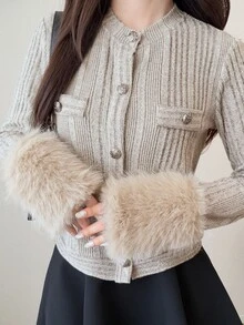 FRIFUL Women's Solid Color Long Sleeve Single-Breasted Ribbed Patchwork Fur Trim Slim Fit T-Shirt Brunch Office Date Light Wash Autumn Elegant - Apricot - View 4