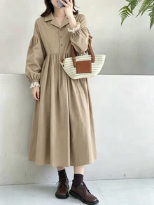 FRIFUL 女款復古法式優雅時尚單排扣百褶長袖風衣，適合辦公、派對、日常與早午餐，卡其色，秋季 - 卡其色 - 查看 1