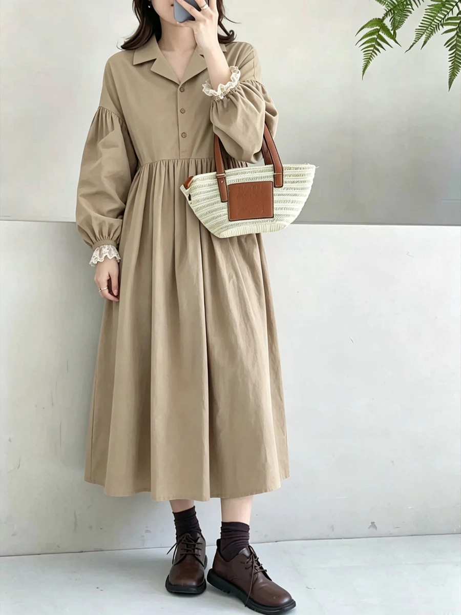 FRIFUL 女款復古法式優雅時尚單排扣百褶長袖風衣，適合辦公、派對、日常與早午餐，卡其色，秋季 - 卡其色 - 查看 1
