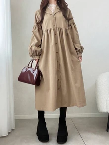 FRIFUL 女款復古法式優雅時尚單排扣百褶長袖風衣，適合辦公、派對、日常與早午餐，卡其色，秋季 - 卡其色 - 查看 4