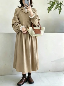 FRIFUL 女款復古法式優雅時尚單排扣百褶長袖風衣，適合辦公、派對、日常與早午餐，卡其色，秋季 - 卡其色 - 查看 2