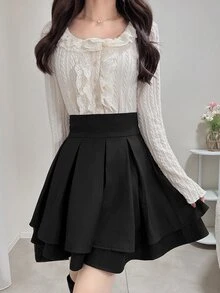 DAZY Women's Pleated Loose Casual Solid Color A-Line Skirt Petite Vacation - Black - View 6