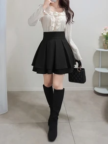DAZY Women's Pleated Loose Casual Solid Color A-Line Skirt Petite Vacation - Black - View 2