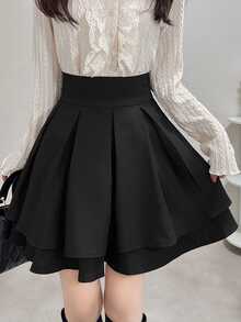 DAZY Women's Pleated Loose Casual Solid Color A-Line Skirt Petite Vacation - Black - View 7