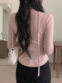 DAZY Women's V-Neck Long Sleeve Korean Style Girly Sweater Fall - Pink - View 5