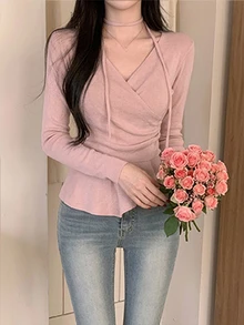 DAZY Women's V-Neck Long Sleeve Korean Style Girly Sweater Fall - Pink - View 3