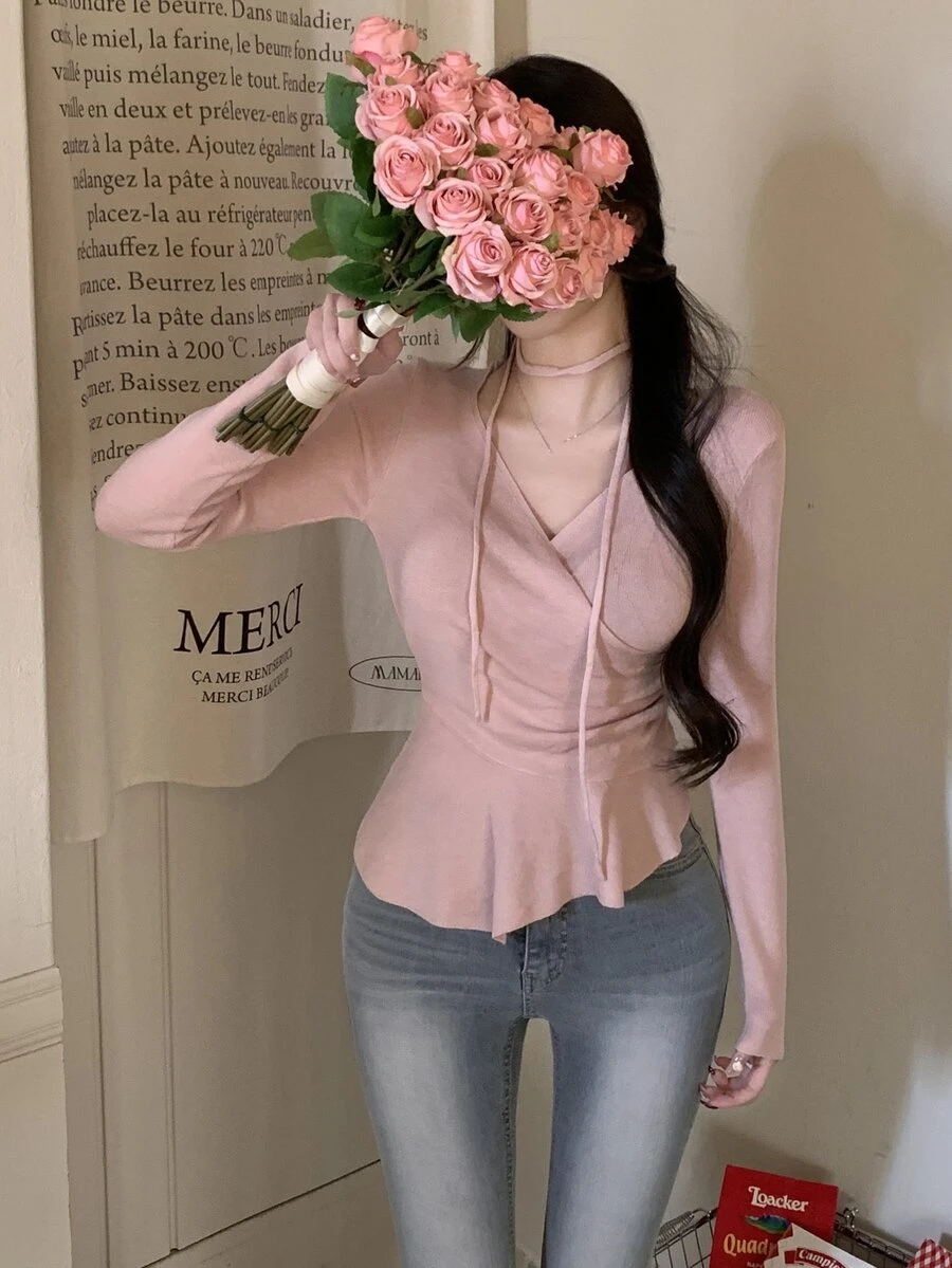 DAZY Women's V-Neck Long Sleeve Korean Style Girly Sweater Fall - Pink - View 1