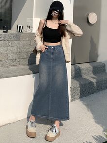 DAZY Women's Long Denim A-Line Skirt,Pencil Skirt School Cute Tops - Medium Wash - View 7