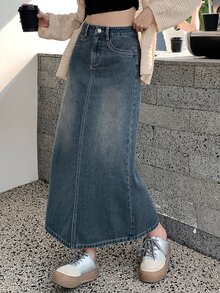 DAZY Women's Long Denim A-Line Skirt,Pencil Skirt School Cute Tops - Medium Wash - View 6