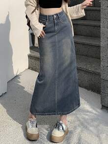 DAZY Women's Long Denim A-Line Skirt,Pencil Skirt School Cute Tops - Medium Wash - View 3