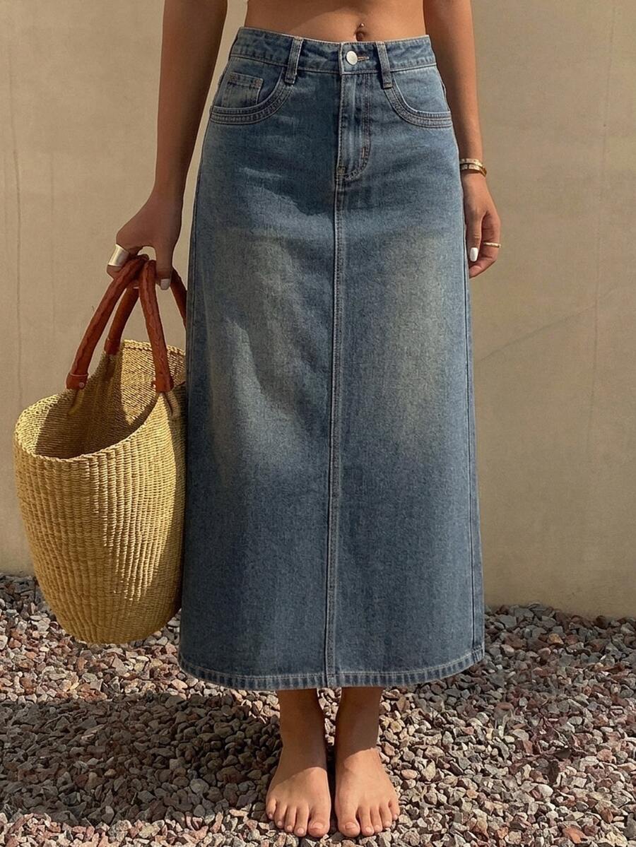DAZY Women's Long Denim A-Line Skirt,Pencil Skirt School Cute Tops - Medium Wash - View 1