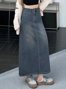 DAZY Women's Long Denim A-Line Skirt,Pencil Skirt School Cute Tops - Medium Wash - View 5
