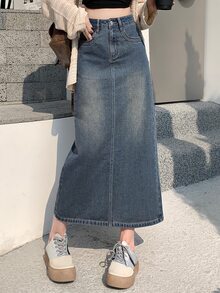 DAZY Women's Long Denim A-Line Skirt,Pencil Skirt School Cute Tops - Medium Wash - View 4