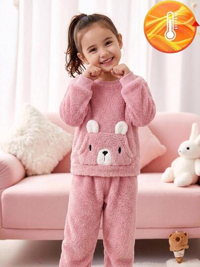 SHEIN Young Girl Young Girls Autumn/Winter Cute Young Girl Pattern Fluffy Long Sleeve & Elastic Long Pants Set, Fluffy Set, & Pants 2 Pieces Set For Young Girl
