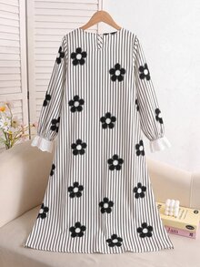 SHEIN 兒童青少年女孩寬鬆休閒刺繡蕾絲飾邊拼接黑白條紋碎花小花梭織長袖蝴蝶結家居服睡裙睡袍 - 黑與白 - 查看 3