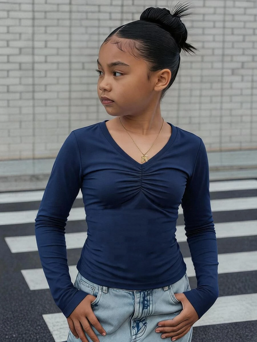 SHEIN 青少年女孩船領素色T恤,優雅運動風,適合瑜伽與內搭層 - 藏蓝色 - 查看 1